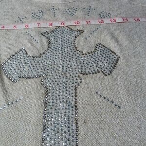 Gray Sweater with Rhinestone Cross Design